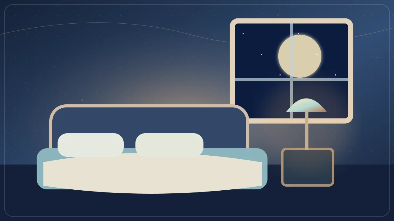 A bed, lamp and moonlit window in a quiet bedroom.