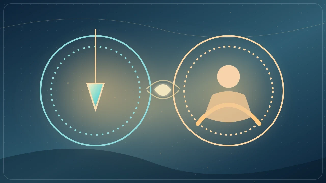 A pendulum diagram beside a seated figure representing two symbolic scales.